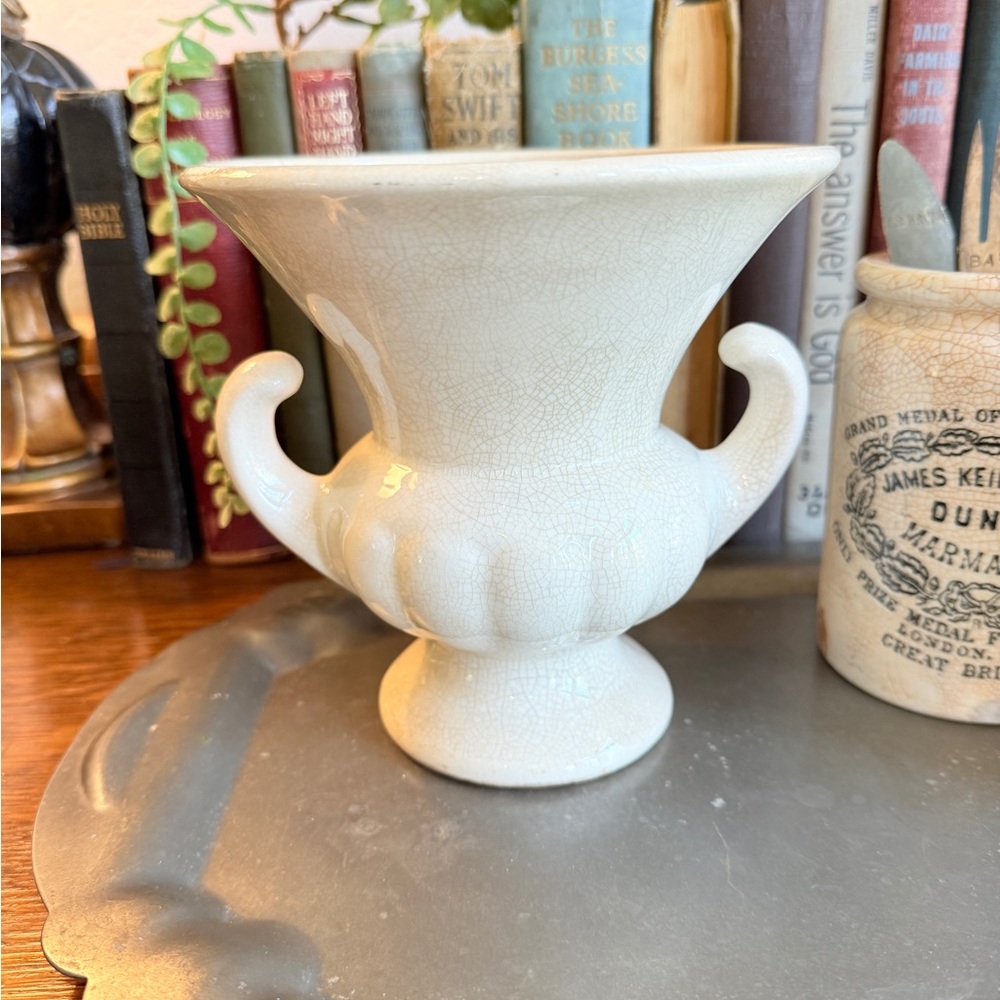 Vintage Heavily Crazed & Stained Ceramic Urn Vase with Double Handles